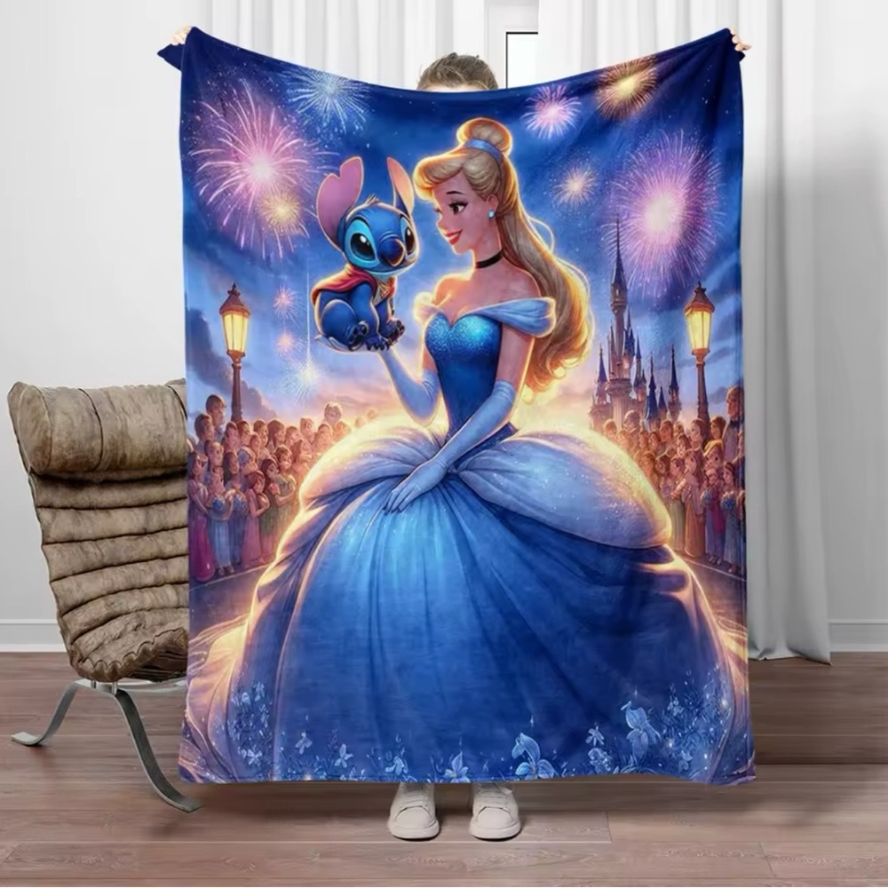 Stitch and Princess Cinderella Printed flannel blanket.